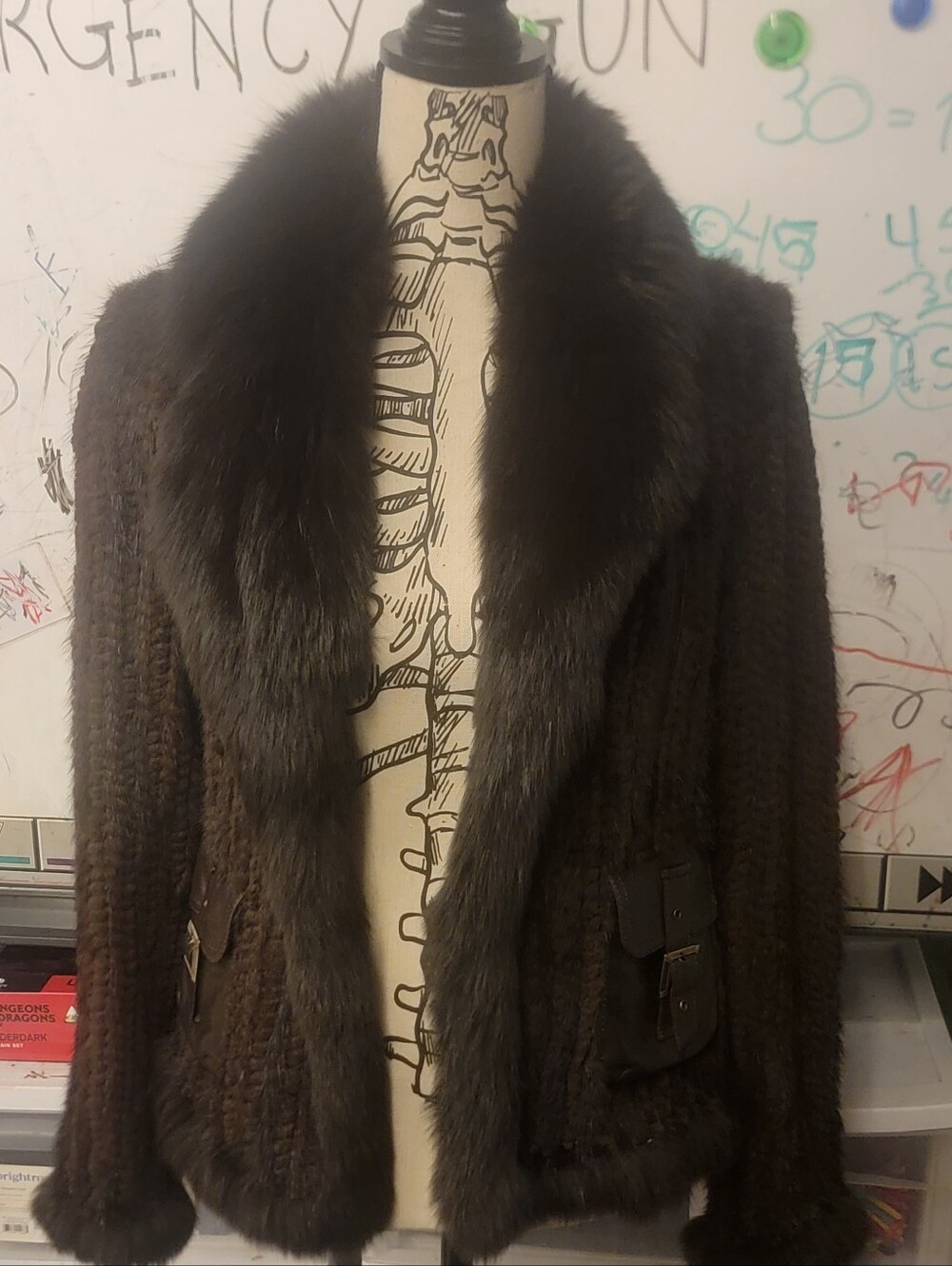 Y2K Genuine Mink Fur Jacket Brown Leather Buckle Pockets Plush Fox Fur Collar